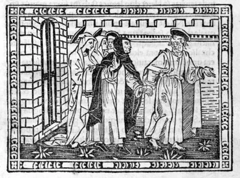 São Pedro conduzido pela mão de Savonarola (Jerônimo Savonarola) (1452 - 1498) - no "Compêndio do Apocalipse", incunábulo de 23/4/1496.