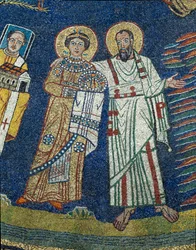 São Praxede (Prassede) e São Paulo Detalhe. Mosaico anónimo por volta do 830. Arco Triunfal da Basílica de Santa Prassede, Roma.