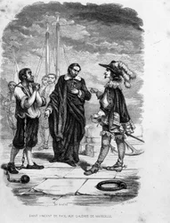 São Vicente de Paulo intercedendo em favor de um condenado com um oficial nas galerias de Marselha - em "Les Bagnes: histoire, types, mores, mystère" de Maurice Alhoy, ed. Gustave Havard