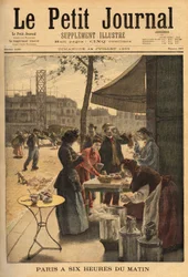Vendedora de sopa e café com leite, realizada sob as portas dos cocheres às 6 horas da manhã para o café da manhã ao ar livre dos trabalhadores parisienses. Gravação no "Le petit journal" 14/07/1895. Coleção da Selva.