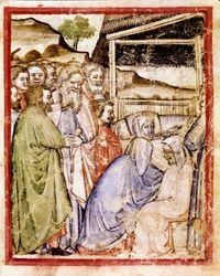 Morte de Sarah na idade de 127 anos Miniatura do Codex 212 (ou Padovano ou Bíblia de Pádua) 1390-1400 Rovigo, Accademia dei Concordi