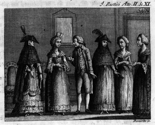 Cena 11 do Acto II da peça cómica "I rustici" (Les rustres) (1760) de Carlo Goldoni (1707-1793). Gravura do século XVIII