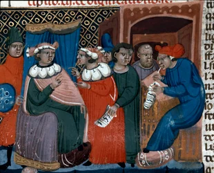Cena da Miniatura de Processos extraída do Código Justiniano (Codex Justinianus), uma coleção de leis e instituições publicadas sob o Imperador Romano Justiniano I de Bizâncio (483-565)