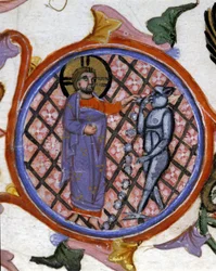 Cena de exorcismo. Miniatura do século XIV. Biblioteca Nazionale Braidense, Milão.