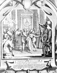 Cena de exorcismo de uma mulher possuída usando a Madonna de Monsummano em 1630.