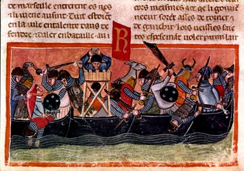 Cena de batalha naval Miniatura de um códice francês em pergaminho "Facts of the Romans" contando a história antiga até Jules Cesar (101 AC-44 AC). Século XIII Veneza, biblioteca Marciana