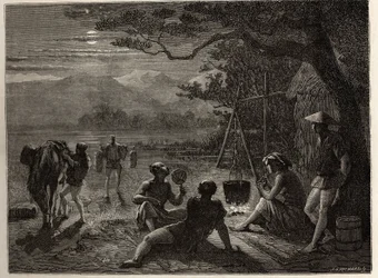 Cena do resto do país, ao luar, tapetes são erguidos no chão após o dia de trabalho. Gravura para ilustrar a viagem ao Japão em 1863-1864, de Aime Humbert, ministro da Confederação Suíça, em "Le tour du monde, nouveau journal des
