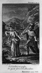 Cena do primeiro ato de "Zenobia" (Zenobie), ópera do compositor Niccolo Vito Piccinni (ou Piccini) (1728-1800) (1756) depois de um libreto de Pietro Metastasio (Metastase). Gravura do final do século XVIII