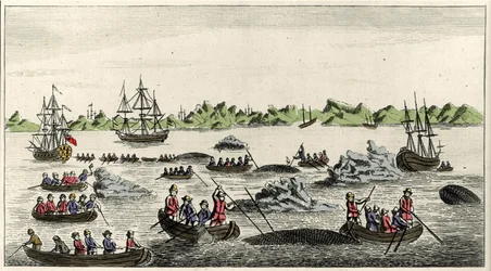 Cena da pesca da baleia na Gronelândia no século XVIII, impressão popular anónima do período