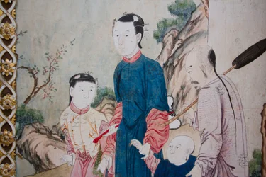Cenas da vida quotidiana na China, detalhe do papel de parede chinês, gabinete chinês, residência de caça, de Filippo Juvarra (1678-1736), Stupinigi, Piemonte, Itália