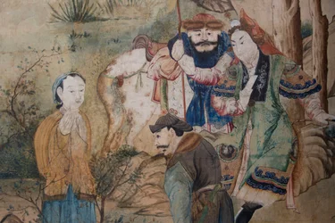 Cenas da vida quotidiana na China, detalhe do papel de parede chinês, gabinete chinês, residência de caça, de Filippo Juvarra (1678-1736), Stupinigi, Piemonte, Itália