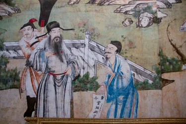 Cenas da vida quotidiana na China, detalhe do papel de parede chinês, gabinete chinês, residência de caça, de Filippo Juvarra (1678-1736), Stupinigi, Piemonte, Itália