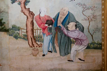 Cenas da vida quotidiana na China, detalhe do papel de parede chinês, gabinete chinês, residência de caça, de Filippo Juvarra (1678-1736), Stupinigi, Piemonte, Itália