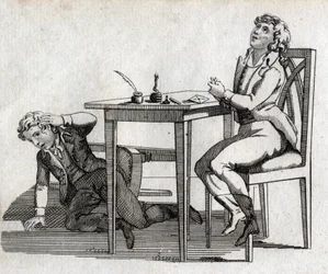 Os estudantes têm uma mesa com berço de tinta. Gravura de finais do século XVIII. Colecção privada.