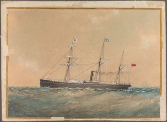 Navio a vapor de parafuso com bandeira de Satsuma, provavelmente "Lotus", início do século XIX (aguarela)