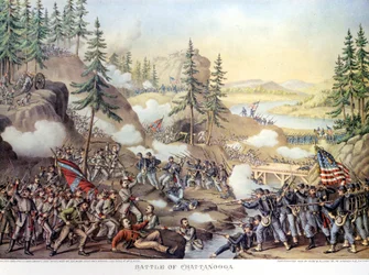 Guerra de Secessão (1861 - 1865) ou Giuerre Civil Americano: 24-25/11/1863: após dois dias de batalha em Chattanooga, Tennessee, vitória do Exército do Norte comandado pelo General Rosecrans. Gravura.