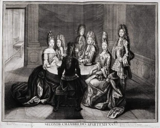 Segunda Sala dos Apartamentos (Versalhes): 1. Monsenhor, 2. Madame Princesa de Conty Dowager, 3. Monsieur le Duke de Bourbon, 4. Madame Duquesa de Bourbon, 5. Monsieur de Vandôme, Grande Prior da França. Gravura de Trouvain, início do século XVIII.