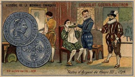 Série Histoire de la Monnaie Française publicada pelo Chocolat Guérin Boutron. Cromolitografia do século XIX. Teston de prata de Henrique III. 1574