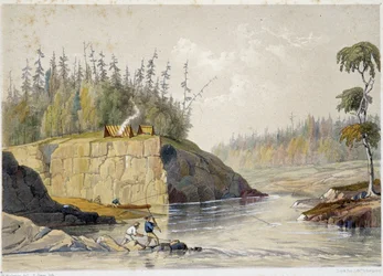 Assentados no Canadá pescando em um rio - em "Sketches on the nipisaguit a river of New Brunswick in America" por William Hickman, ed. Halifax
