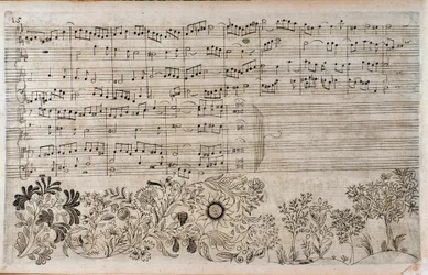 Música de folha de The Art of the Fugue, fim do contraponto 5, de Johann Sebastian Bach