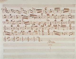 Página de música para o primeiro violino na abertura de Mithridate, Rei da Pont, ópera de Mozart (1770)