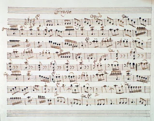 Página de música para o primeiro violino na abertura de Mithridate, Rei da Pont, ópera de Mozart (1770)