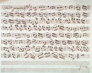 Página de música para o primeiro violino na abertura de Mithridate, Rei da Pont, ópera de Mozart (1770)