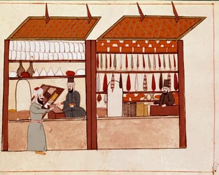 Lojas nas ruas de Constantinopla. Miniatura retirada de um manuscrito da Cicogna do século XIX (1828) depois de um original do século XVII (1671). Veneza, Biblioteca Marciana
