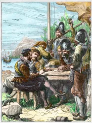 Sir Walter Raleigh em Trinidad, obtendo informações dos soldados espanhóis sobre a Guiana, 1595. - Expedição de Walter Raleigh