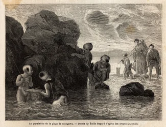Pequenas actividades de pesca numa praia em Sinagawa, as crianças esguicham na água e apanham caranguejos e pequenos peixes. Gravura para ilustrar a viagem ao Japão, em 1863-1864, de Aime Humbert, ministro da Confederação Suíça, em "Le tour du monde, nouve