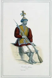 Soldado da Armadura de Cochinchinean - em "Os diferentes povos da terra" pelo Abade Paul Jonhanneaud, Librairie des Bons livres