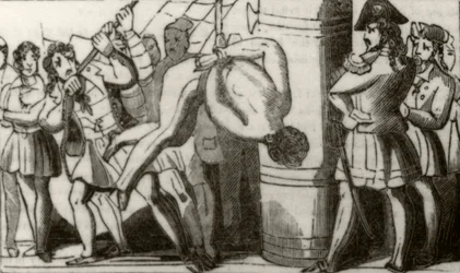 Spriggs içando a tripulação de uma escuna de Boston até a testa, e depois deixando-os cair no convés, c.1836.