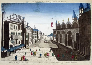 Praça da Igreja de São Marcos e da Grande Praça terminada pela Igreja de São Gémeos em Veneza. Gravura do século XVIII.