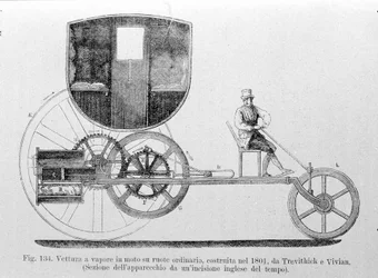 Carro a vapor montado sobre o normal, construído em 1801 por Trevithick e Vivian. Gravura do século XIX.