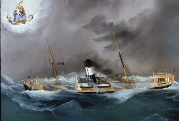 Barco a vapor em uma tempestade.
