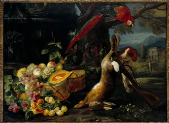 Natureza morta de caça, papagaio e fruta Pintura anónima do século XVIII Paris, Artes Decorativas