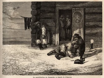 A santificação dominical tem licor de cominho, trabalhadores Dorpat. Desenho de Henriet, para ilustrar a sua viagem às províncias bálticas russas em 1851-54. Gravura em "Le tour du monde", editado por Edouard Charton