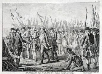 Rendição do exército britânico de Lord Cornwallis (1738 - 1805) à América em 19 de outubro de 1781.