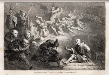 Tengu ou demónio dos sonhos, divindade menor do folclore japonês, zoomorfo, assume a forma de um corvo, dotado de poderes mágicos, é um tema popular da arte, do teatro e da literatura no Japão. Gravura para ilustrar a viagem ao Japão em 1863-1864, por Aim