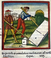 A alavanca Archimedes (287 a.C. - 212 a.C.) em De architectura de Vitruva. 1630. Trivulziana, Milão.