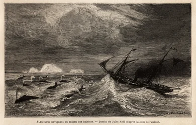 O Arcturus, um transatlântico dinamarquês que serve entre Copenhaga e a Islândia, no qual o autor embarca para chegar a Reykjavik, navegando entre as baleias. Gravura para ilustrar a viagem na Islândia, história de Noel Nougaret, em 1866, publicada em "Le 