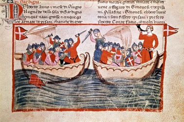 A Batalha de Meloria que culmina com a ocupação da Córsega pelos genoveses. 1284. Manuscrito. Biblioteca Vaticana
