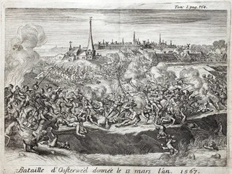 A Batalha de Oosterweel (Holanda, Holanda), realizada em 13 de março de 1567, o primeiro confronto da Guerra dos Oitenta (Oitenta) Anos (1567-1648). Gravura para ilustrar a "História da Guerra da Flandres", de Flamianus Strada, edição Joseph T