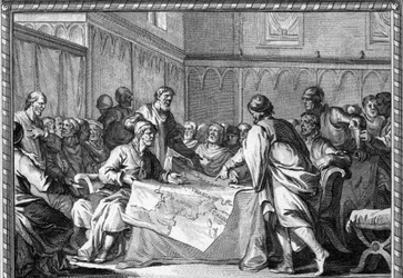 O Império Carolíngio foi dividido entre os três filhos de Luís o Pio: Lothaire I, Luís o Germânico e Carlos o Careca, de acordo com o Tratado de Verdun (843). Gravura do século XVIII.