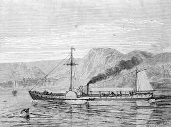 O Clermont, um barco construído em 1807 por Robert Fulton (1765 - 1815) para fornecer a ligação Nova Iorque - Albany no rio Hudson. Gravura do século XIX.