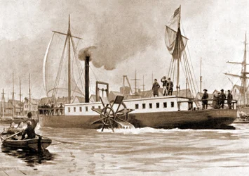 O Clermont, um barco construído em 1807 por Robert Fulton (1765-1815) para assegurar a ligação Nova Iorque - Albany no rio Hudson. Gravura, século XIX.