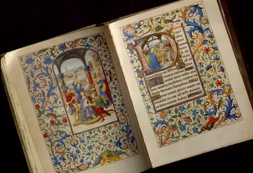 A coroação de espinhos. Página dupla de um manuscrito aberto do «Livro de Horas de Maria da Borgonha (1457-1482)» (Cod. 1857), finais do século XV, Biblioteca Nacional Austríaca, Viena