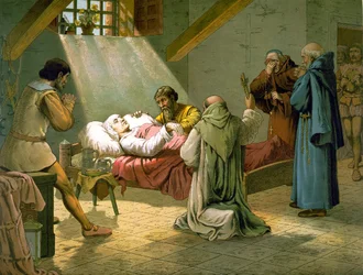 A Morte de Cristóvão Colombo 20/05/1506. Gravura a cores do século XIX.