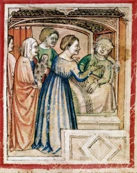 A morte de Raquel em camadas miniatura do Codex 212 (ou códice padovano ou Bíblia de Pádua) 1390-1400 Rovigo, Accademia dei Concordi