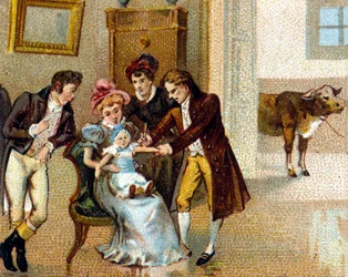 O médico inglês Edouard Jenner (1749-1823) inocula a varíola no braço de um novo para vaciná-lo. A vaca da qual foi retirado o soro está no fundo. chromolithographof do século XIX.
